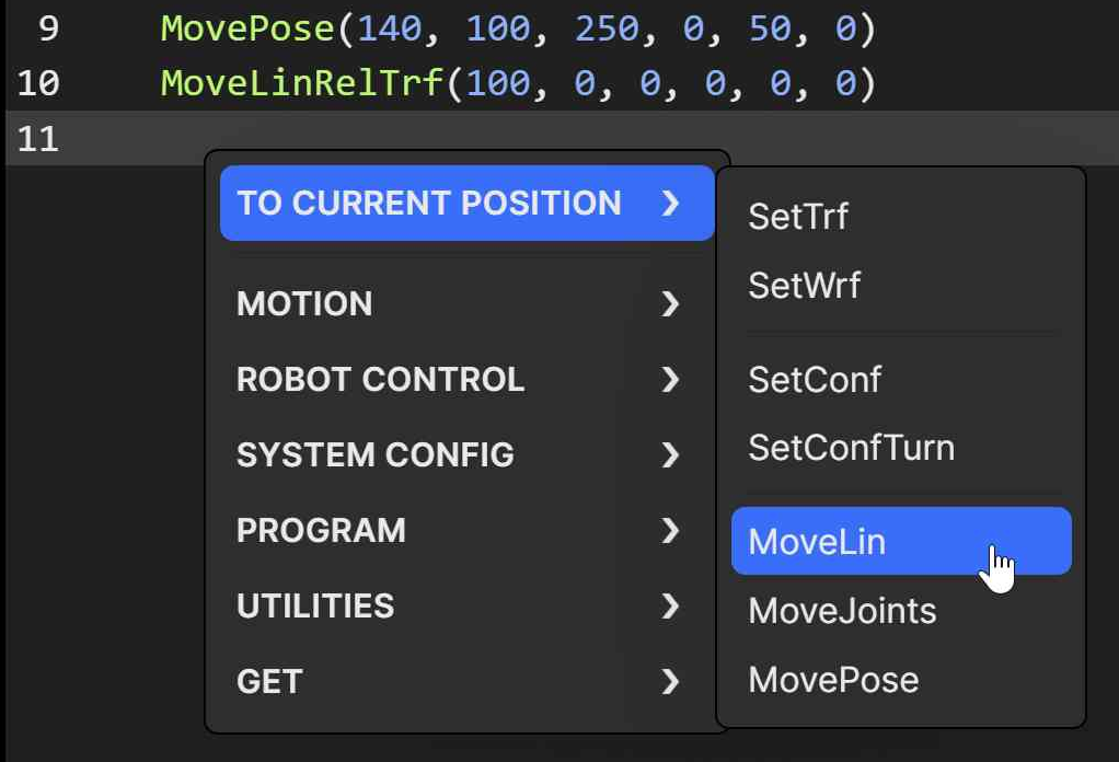 Context menu in the code editor