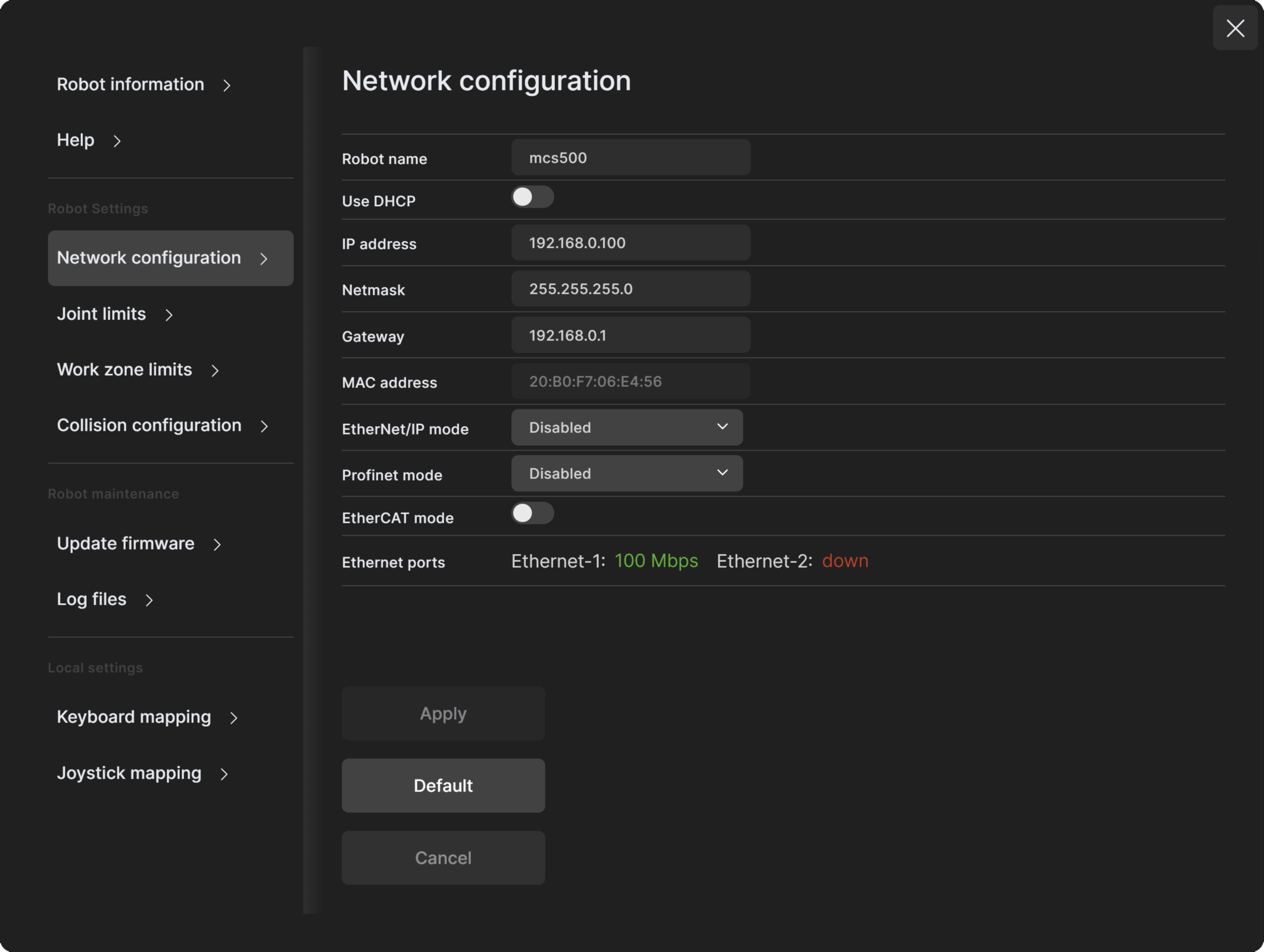 Changing the robot's network configuration